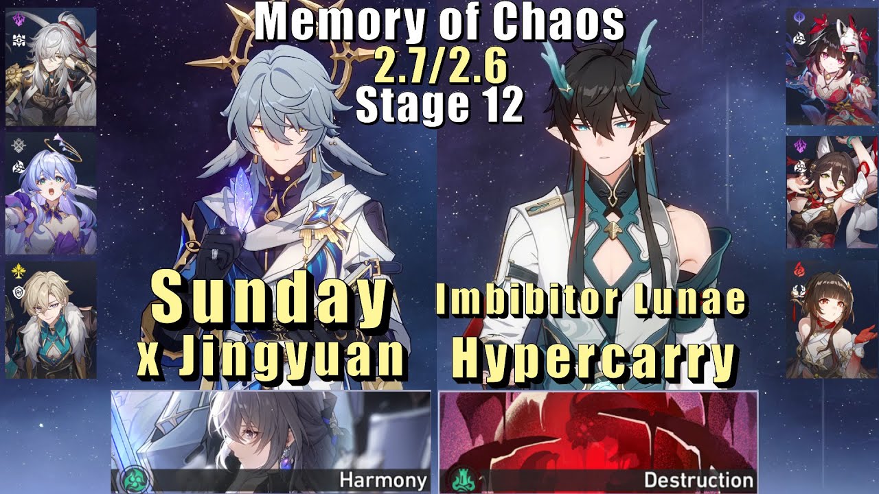 E0S0 Sunday Jingyuan & E0S0 Imbibitor Lunae | 2.7/2.6 Memory of Chaos 12 3 Stars | Honkai Star Rail