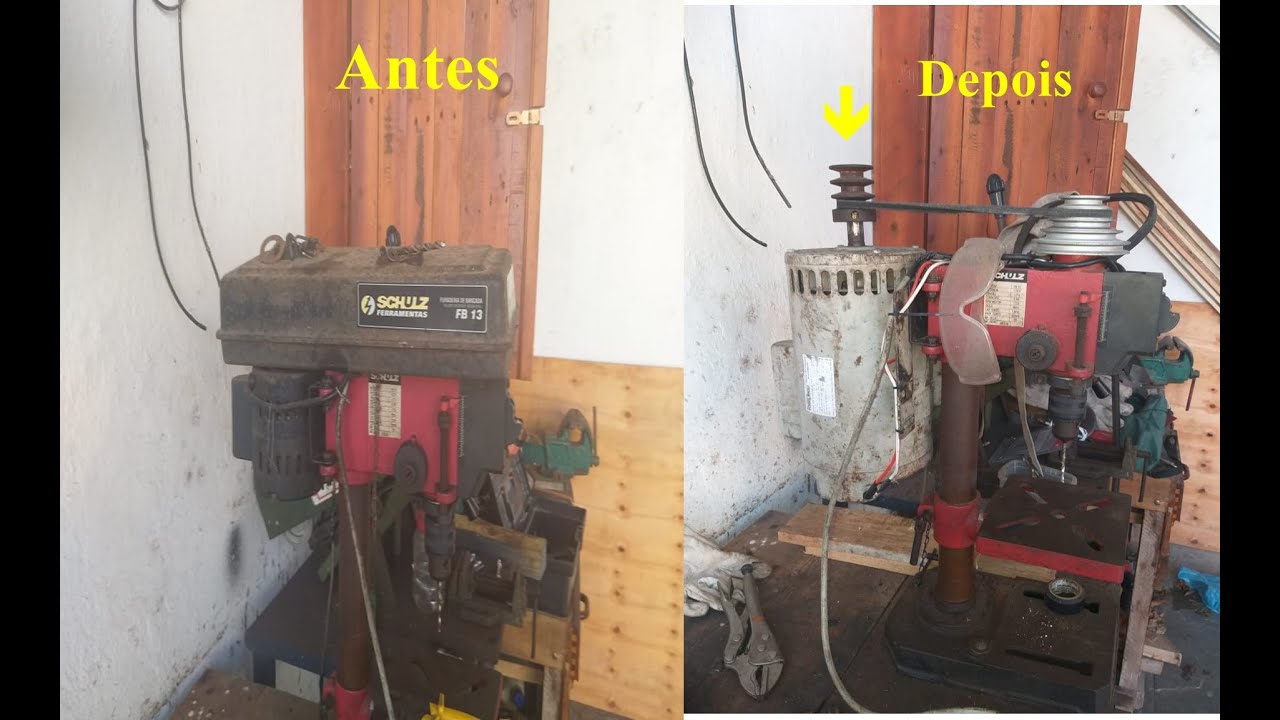 Furadeira de bancada FB 13 Schultz adaptada modificada  com motor de 2cv. Veja o resultado:
