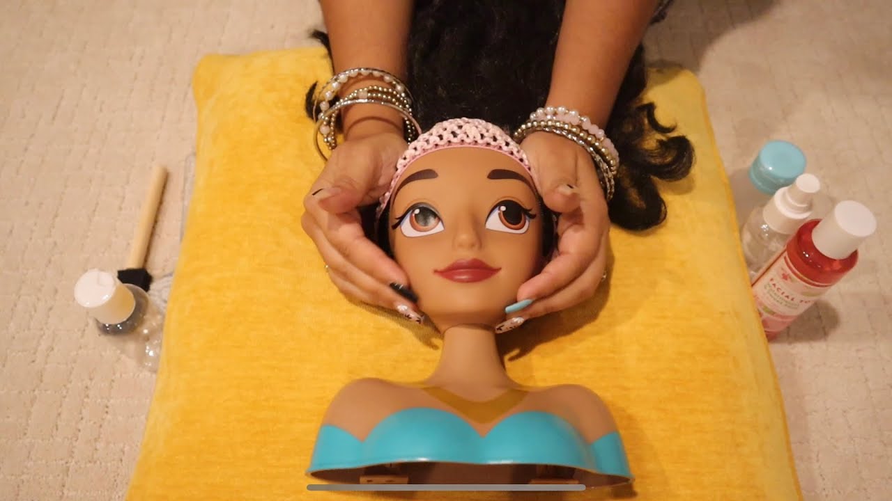 ASMR Relaxing Facial & Face Massage on Doll Head | Nail Sounds, Spray Sounds & Relaxation😴💆🏻‍♀️