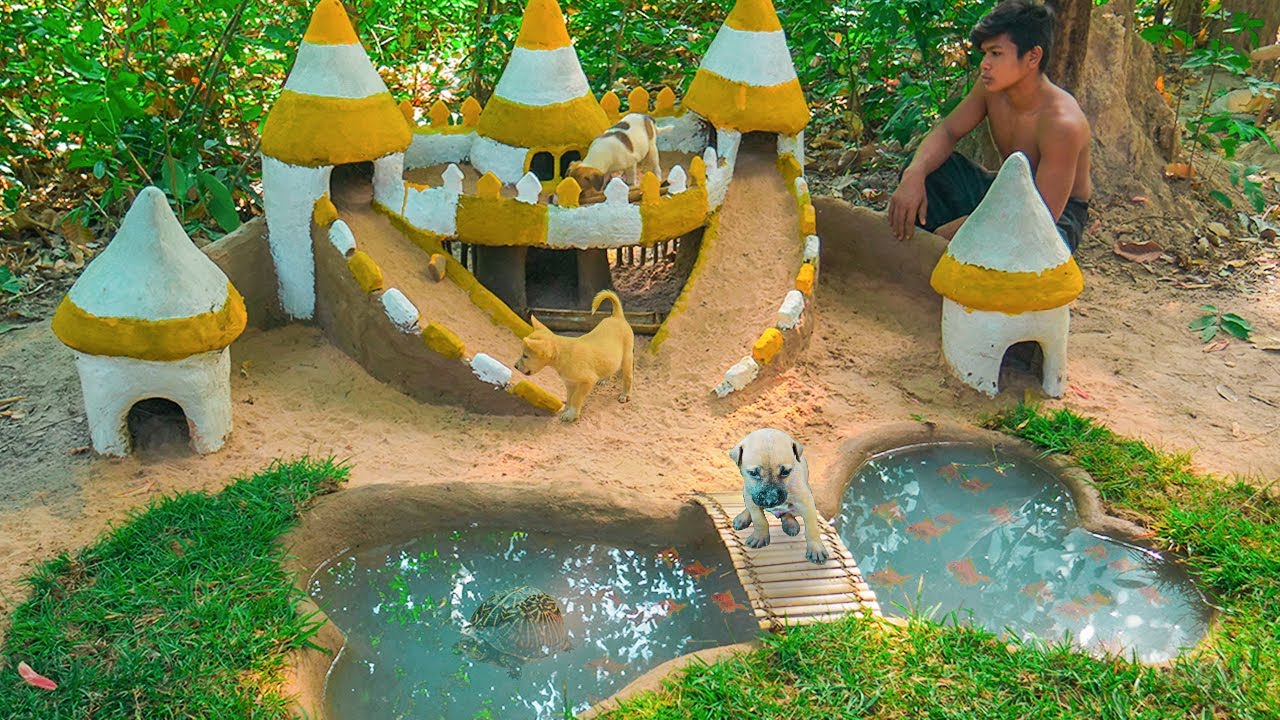 Building Dog Mud Castle For Puppies & Dogs Raising Turtle & Red Fishes In Dog Pond