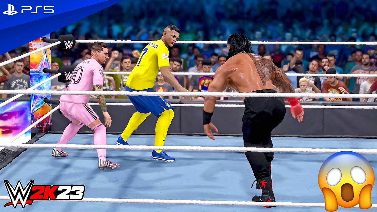 WWE 2K23 — Месси и Роналду против Романа Рейнса и Брока Леснара — командный матч на выбывание | 4K