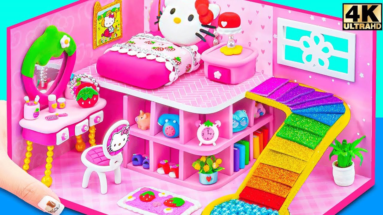 Make Cute Hello Kitty Clay House with Rainbow Stairs & Strawberry Mirror 🍓🌈 DIY Miniature House