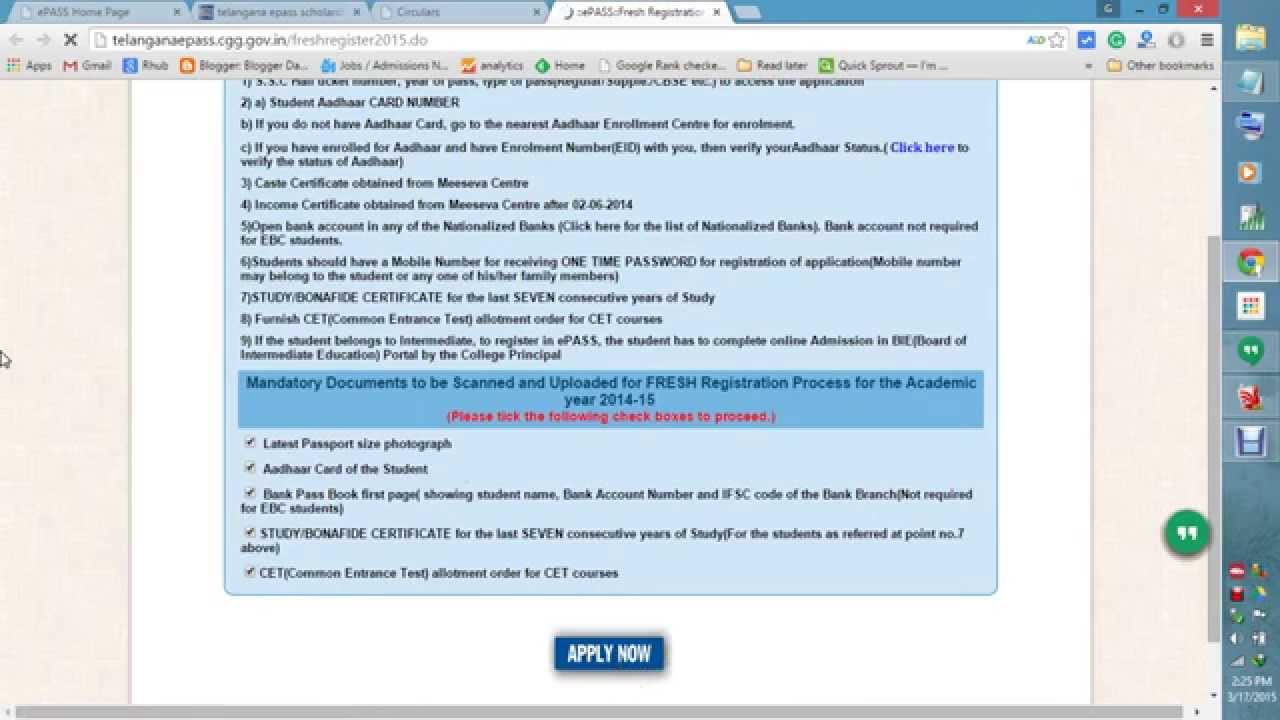 Telangana epass renewal fresh apply online 2014 15scholarship