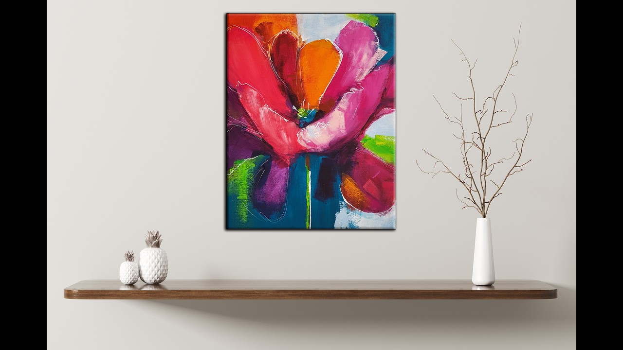 Simple abstract painting for beginners. Colorful floral painting with acrylic paint.