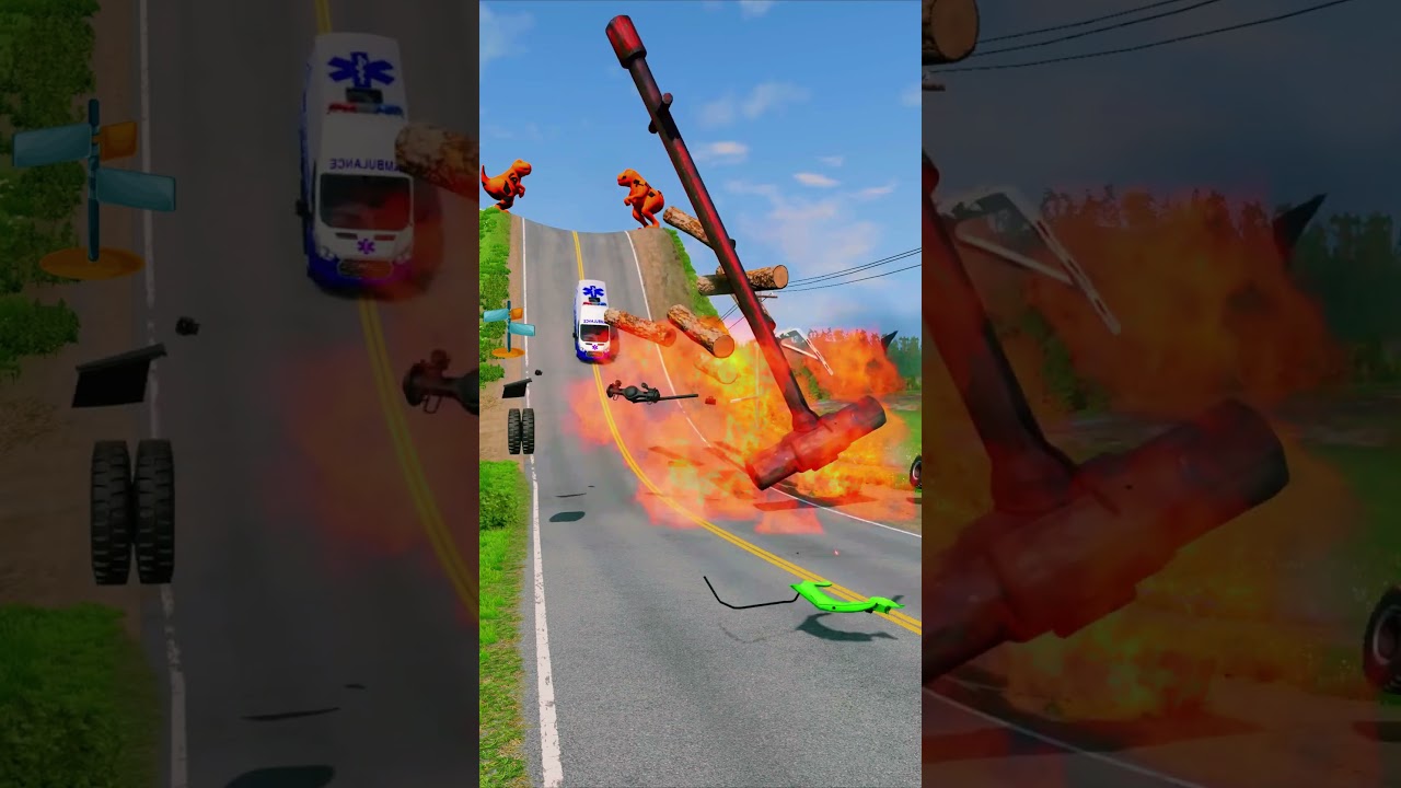 Cars, School Bus & Ambulance vs GIANT HAMMER! BeamNG Drive Extreme Crash Test #shorts  #bus  #gaming