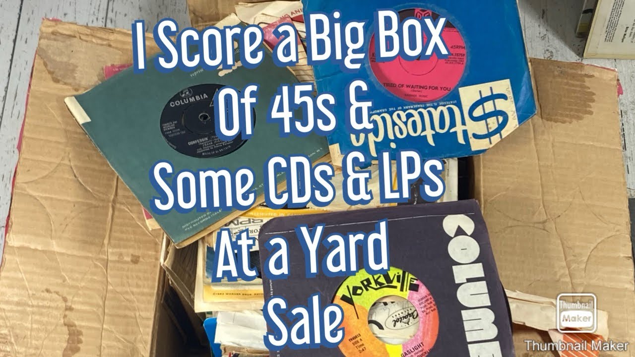 Yard Sale Score a Big Box of 1960s-80s 45s , some Compact Discs & a few LP’s. Plus Other Cool Junk