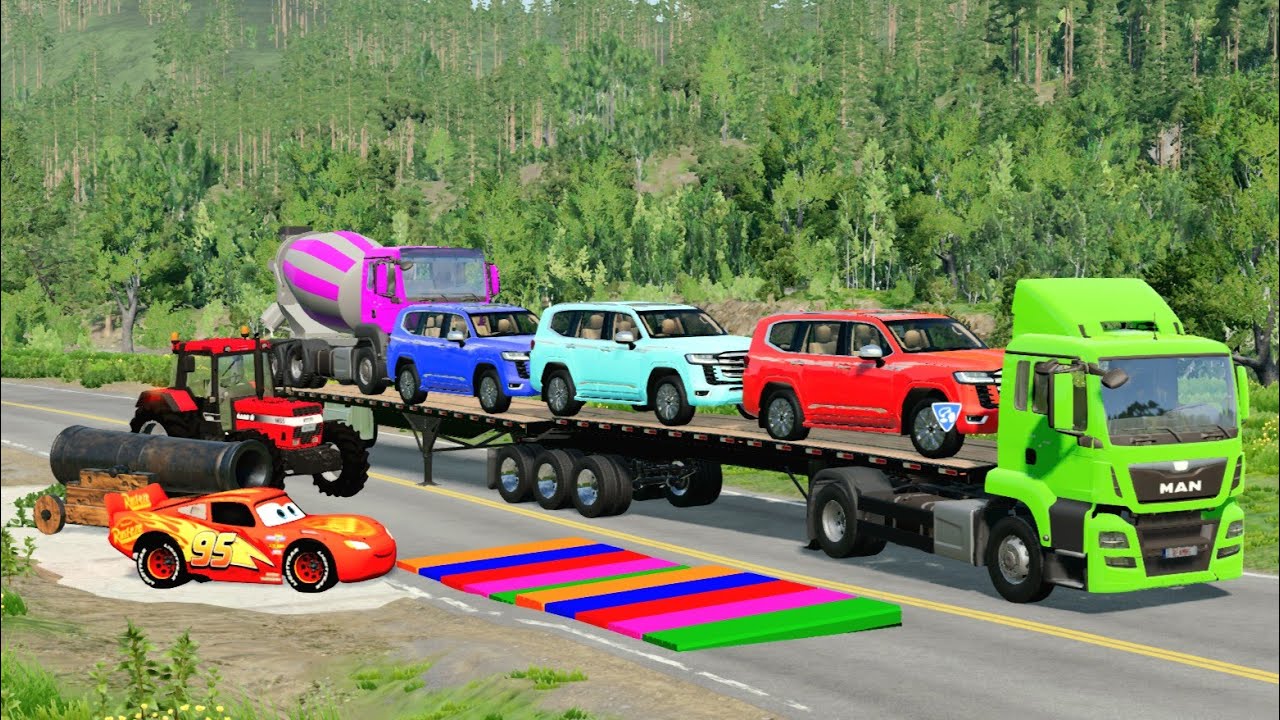 Flatbed Truck McQueen | Transportation with Truck - Pothole vs Car #022  | BeamNG.Drive Gameplay