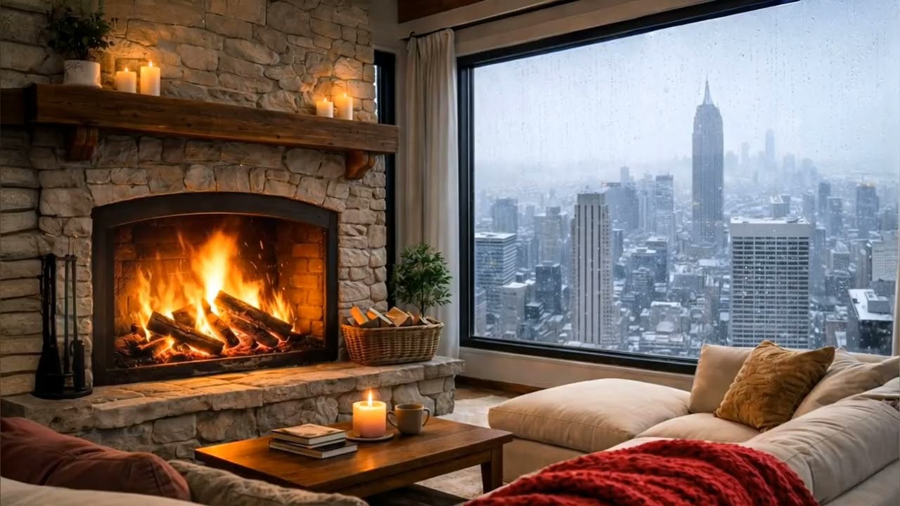 5 Hours Crackling Fireplace Sounds 🔥 Cozy Snowy City Night for Sleep & Relax