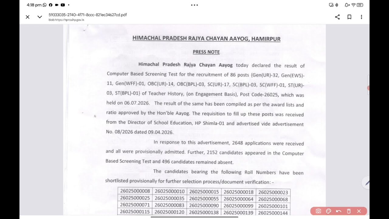 History Teachers Screening Test Result HPRCA Exam 2026 August 2026 #hprca #cbseschools #teachers