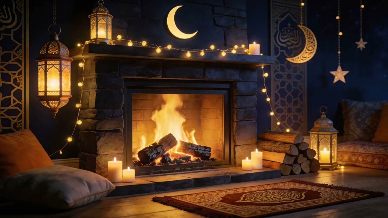 12H Ramadan Fireplace 4K 🌙 Peaceful Lantern Glow & Crackling Fire (No Music)