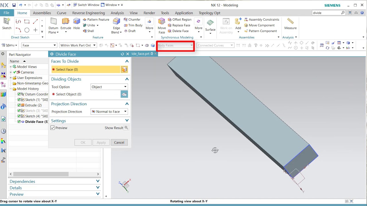 How to use Divide Face Siemens NX12 modeling application