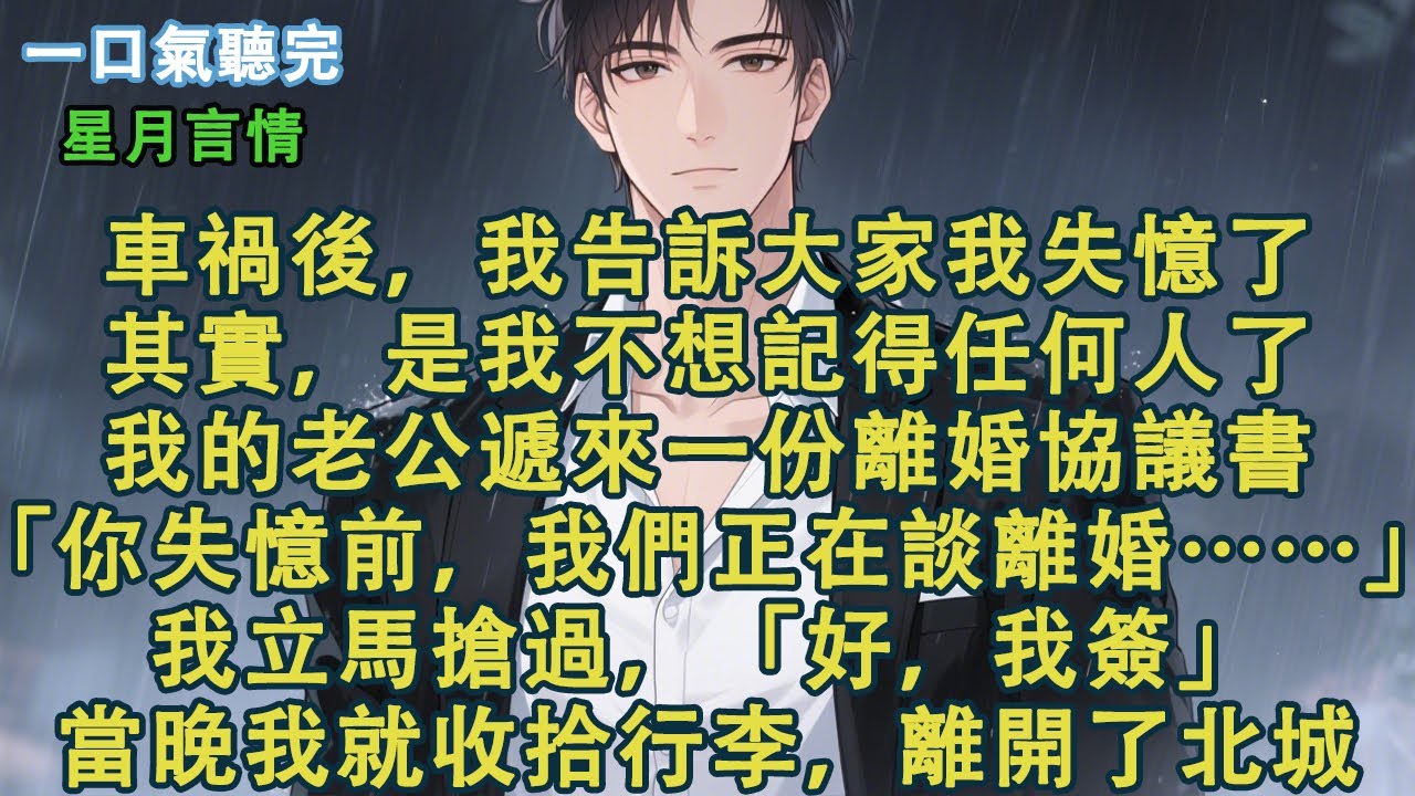 車禍後，我告訴大家我失憶了。其實，是我不想記得任何人了。我的老公遞來一份離婚協議書。「你失憶前，我們正在談離婚……」我立馬搶過，「好，我簽。」當晚，我就收拾行李，離開了北城。#小說 #有聲書 #言情