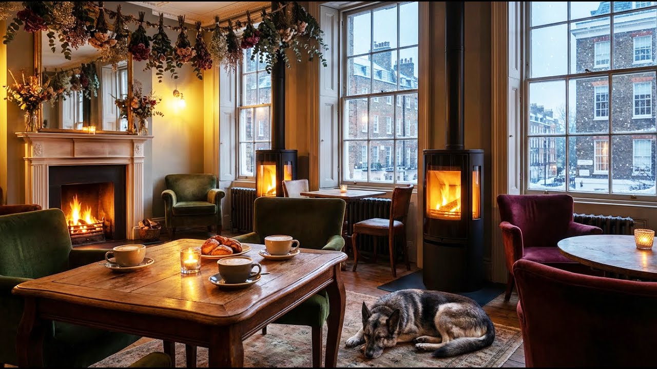 London Winter Café ❄️ Cozy Fireplace, Gentle Snowfall & Warm Coffee Ambience