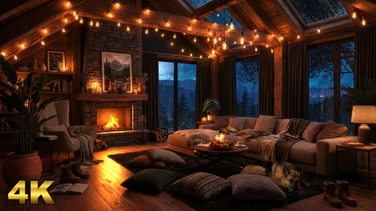 10 HOURS - Cozy Cabin Thunderstorm & Fireplace ⛈️ Heavy Rain & Sleeping Pets Ambience