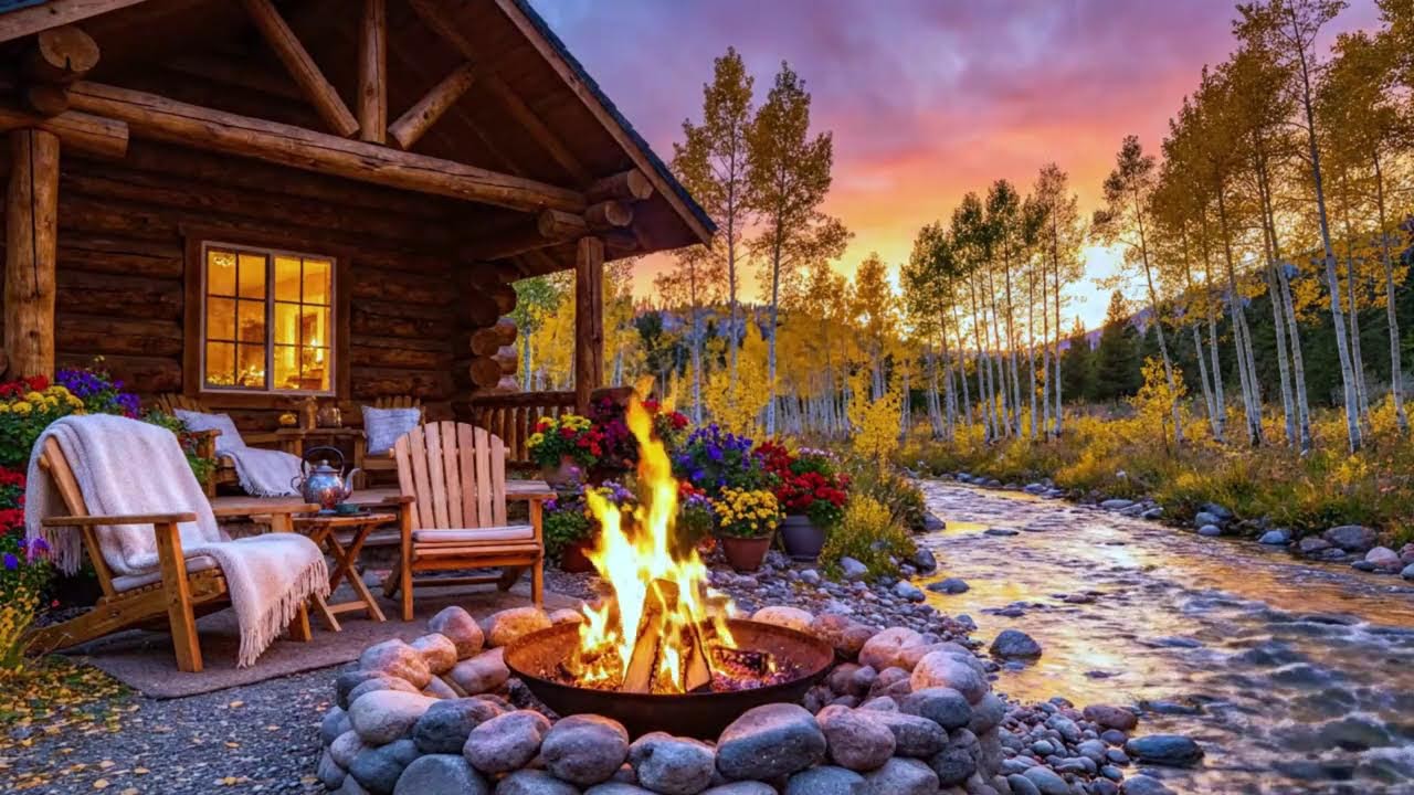 Peaceful Forest Cabin Ambience 🌲 Gentle River Flow and Campfire Night Ambience