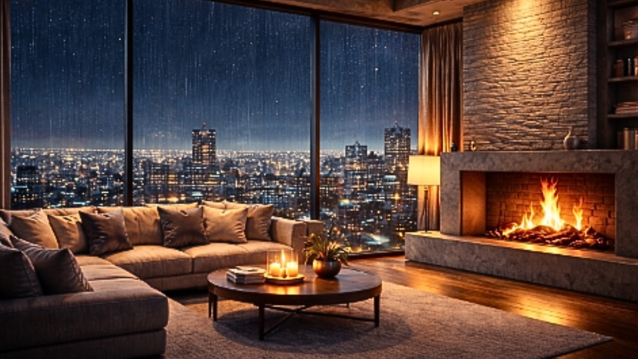 Rainy Night in a Contemporary City Loft with Fireplace | Night Ambience for Sleep