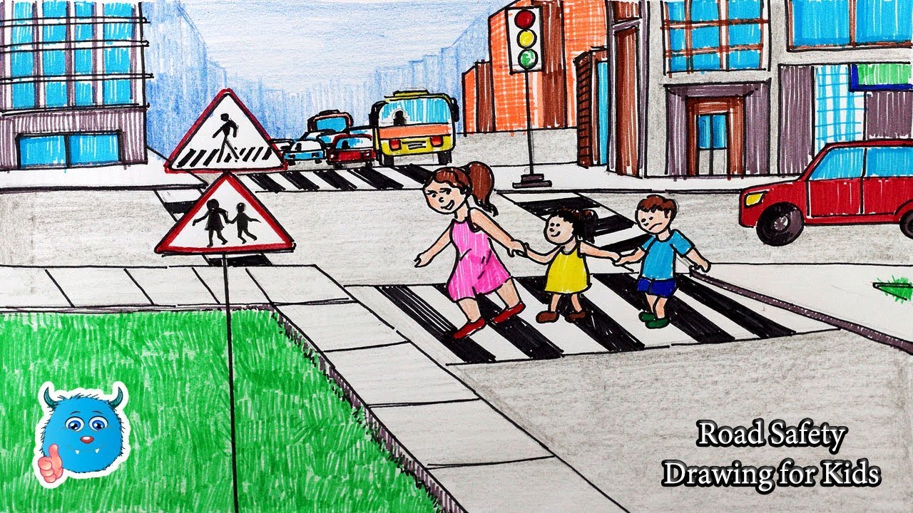 How to Draw Road Safety Drawing City Kids Using a Zebra Crossing Scene