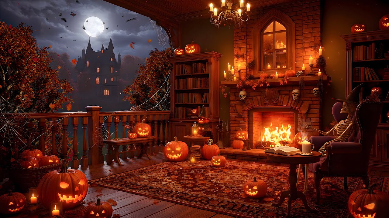 Cozy Halloween Night 🎃 Relaxing Crackling Fire & Nature Sounds,  Leaves Autum | Old Castle