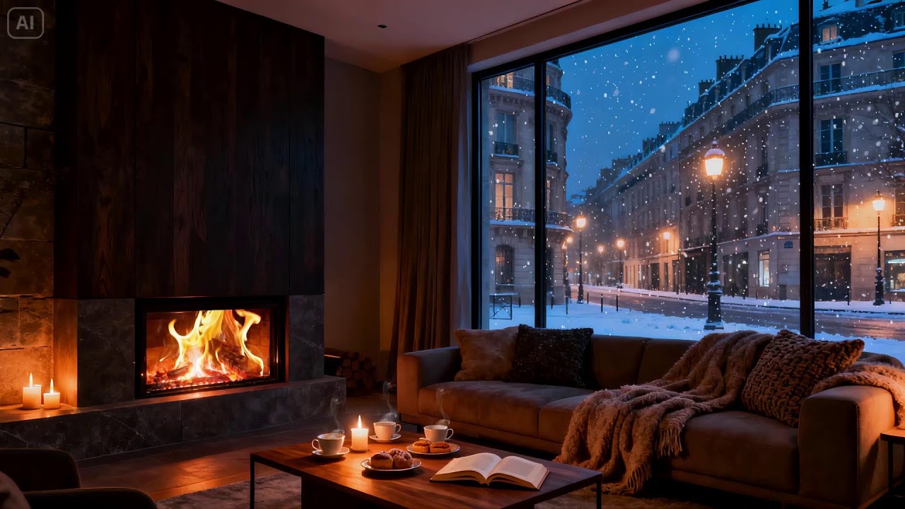 Cold Night Outside, Cozy Room Inside  Fireplace Glow