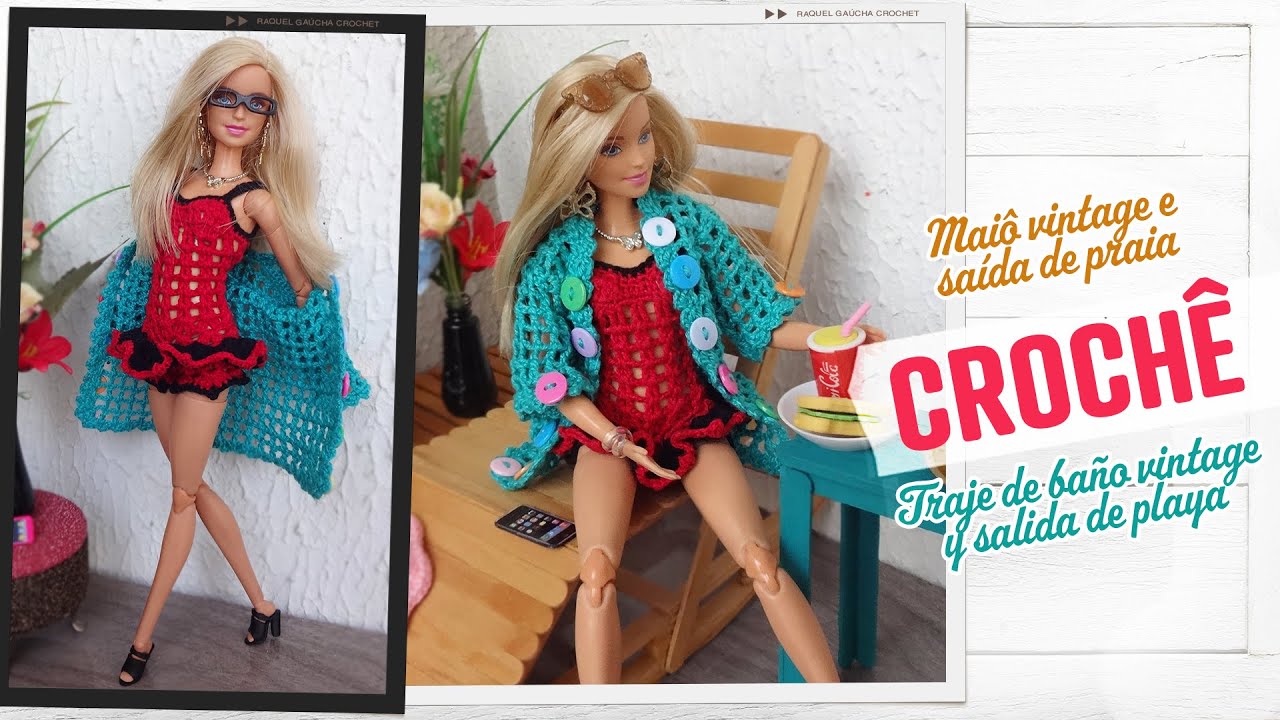 Maiô Vintage e Saída de Praia de Crochê para Bonecas