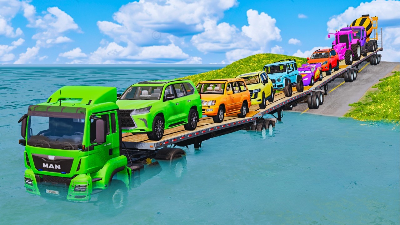 Flatbed Truck McQueen | Transportation with Truck - Pothole vs Car #3 | BeamNG.Drive