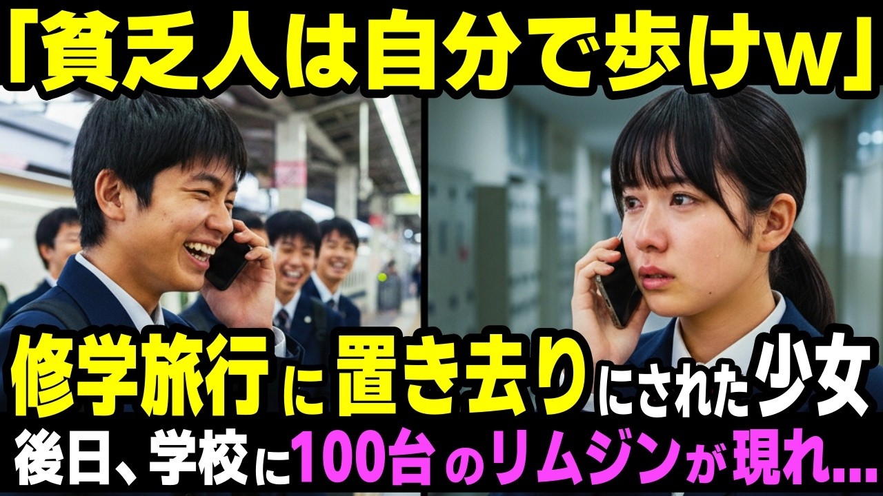「親が金持ちなら専用車呼べよｗ」修学旅行で置き去りにされた女子中学生。後日、学校に100台のリムジンが現れ