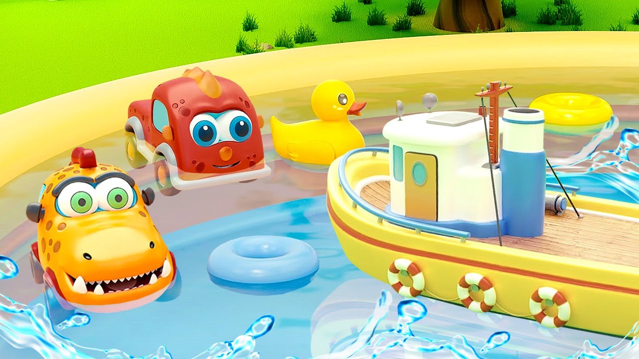 Vamos nadar na piscina e construir um barco com os carrinhos monstros Mocas! Desenho animado