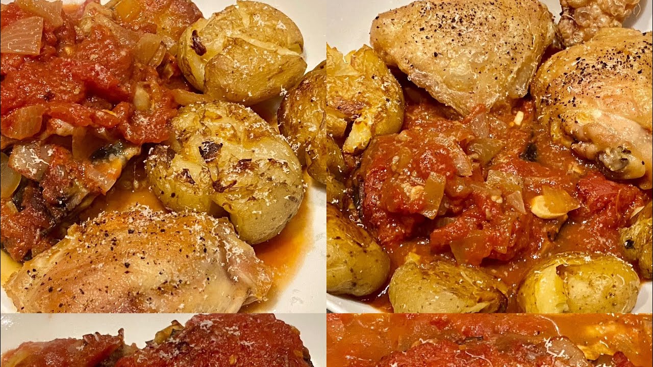 Baked Aubergine & Mozzarella Bake in Tomato Sauce with Chicken Thighs and Roasted New Potatoes