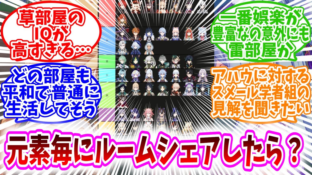 【原神反応集】「星5キャラが元素毎にルームシェアしたら起きそうなことｗ」に対する、旅人達の反応集/草部屋のIQが高すぎる/一番娯楽が豊富なの雷部屋か/アハウに対するスメール学者組の見解を聞きたい