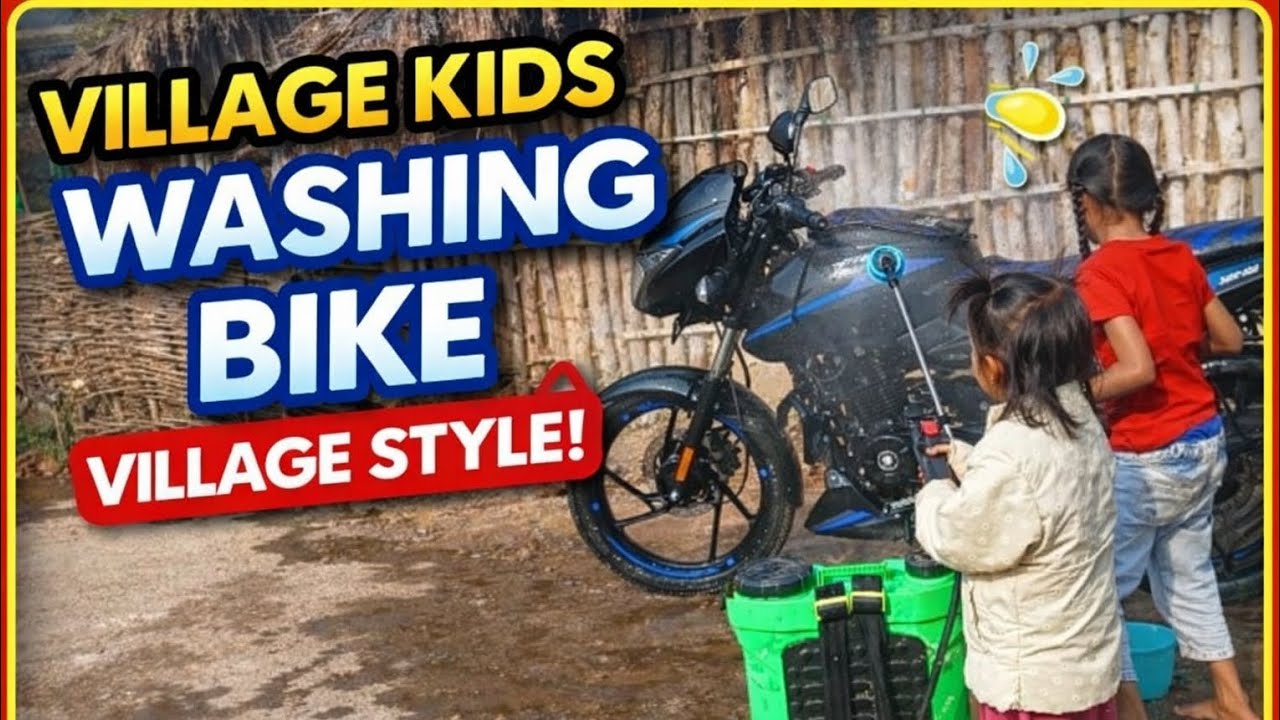 Rural Village #Kids Amazing Bike Wash Technique#Little Kids Bike Wash in# Indian Village technique 