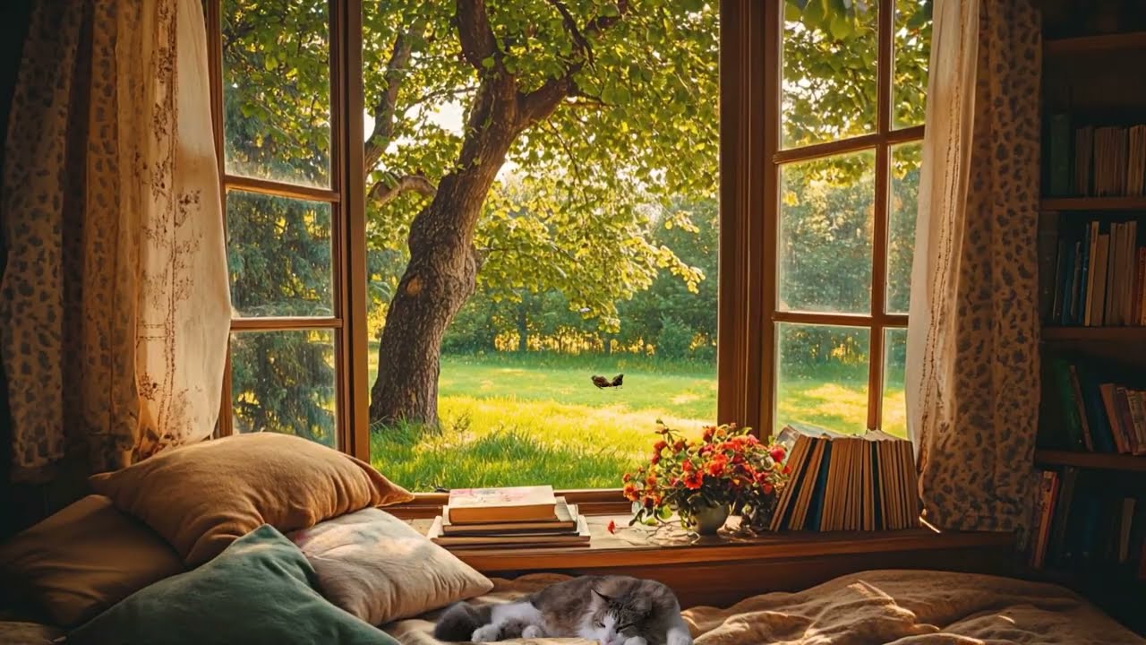 Warm Spring Afternoon - Window ASRM Ambience : Bird Sounds,... ☕📖 Study, Read and Lazily Lie Down