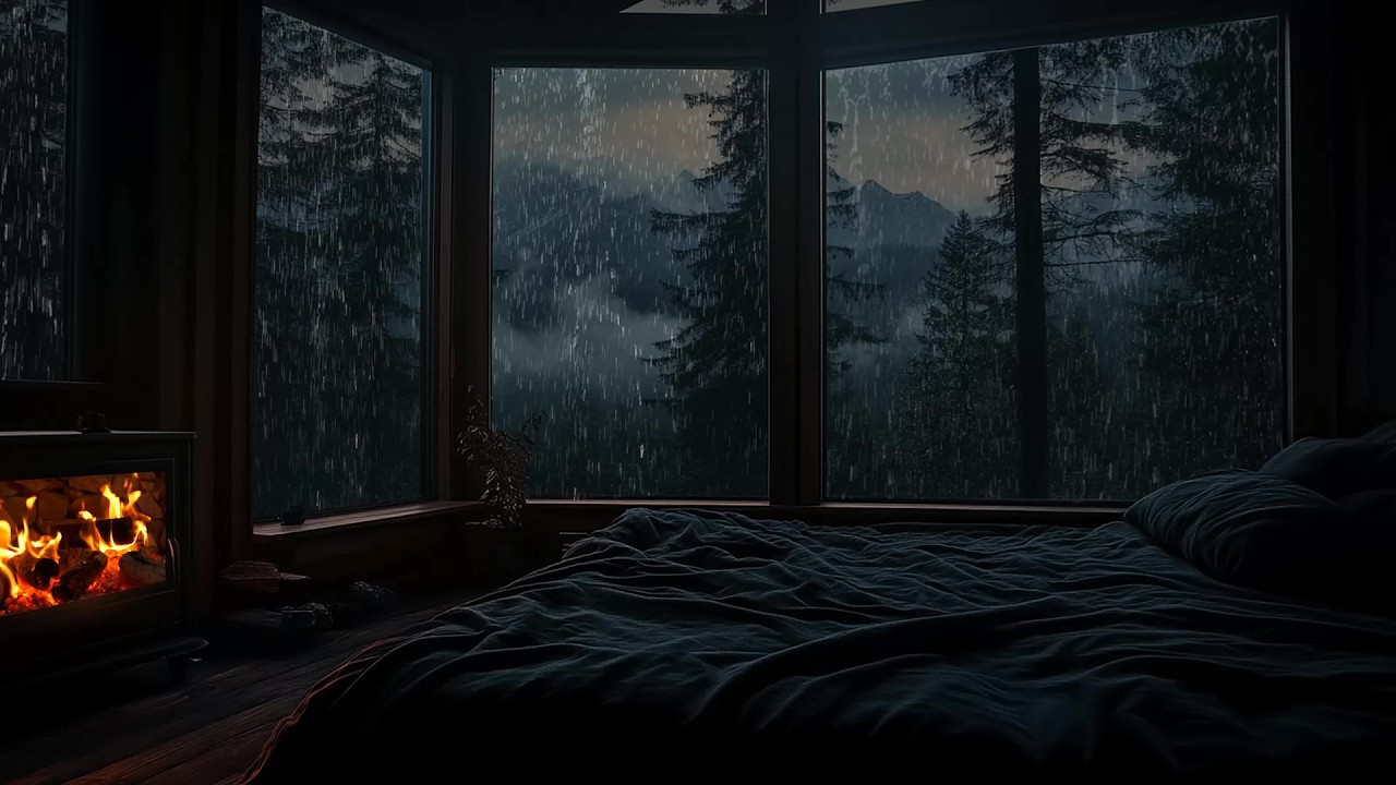 🔥 Gentle Rainfall at Night in a Mountain Retreat | Soft Window Drops | Relax & Sleep