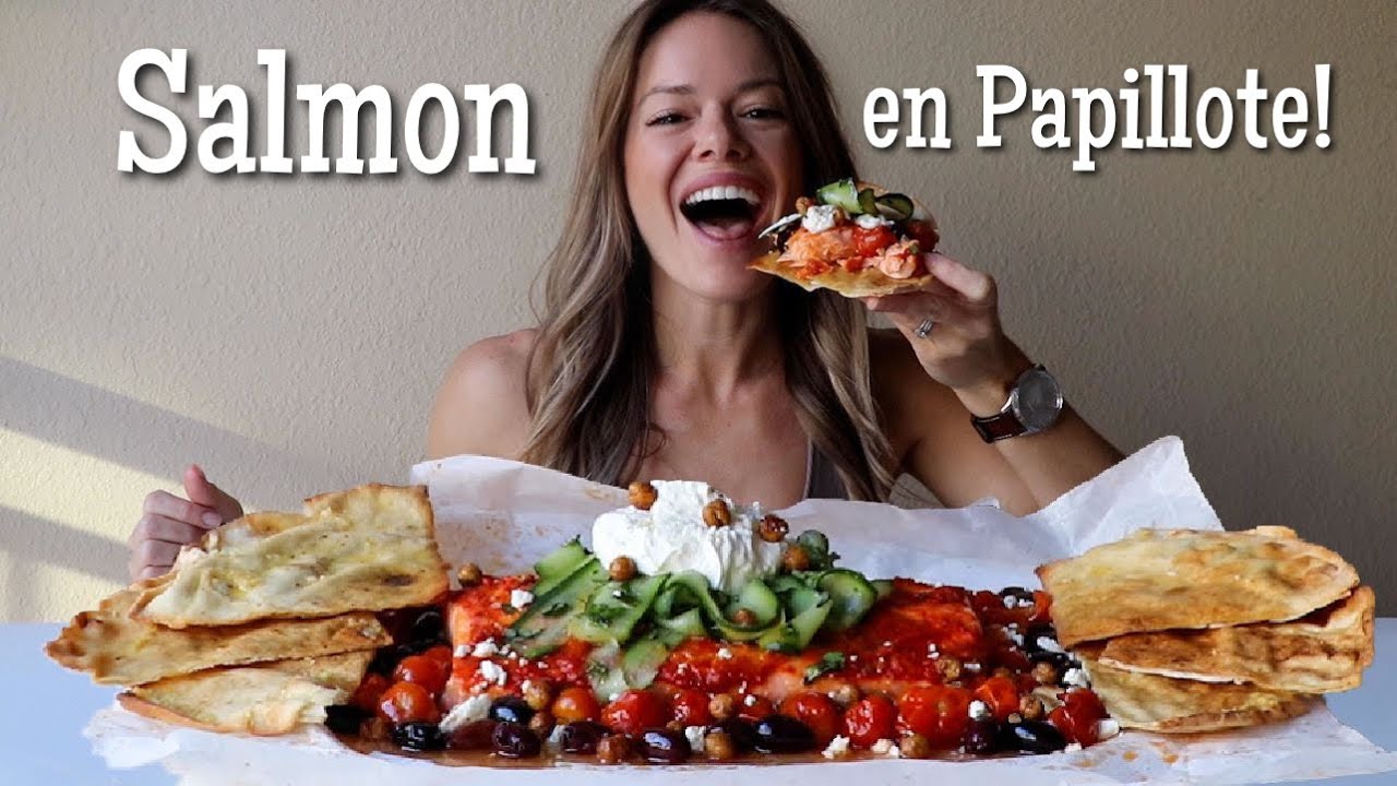 Mediterranean Salmon MUKBANG | Harissa Salmon Cooked in PAPER w/ Tomatoes, Olives, Labneh + Cukes!