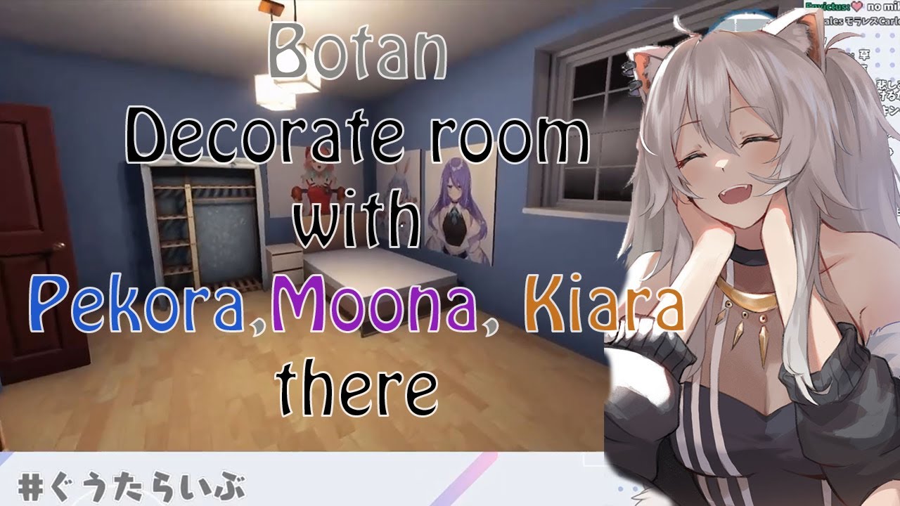 Botan decorate a room with Pekora, Moona, and Kiara on it