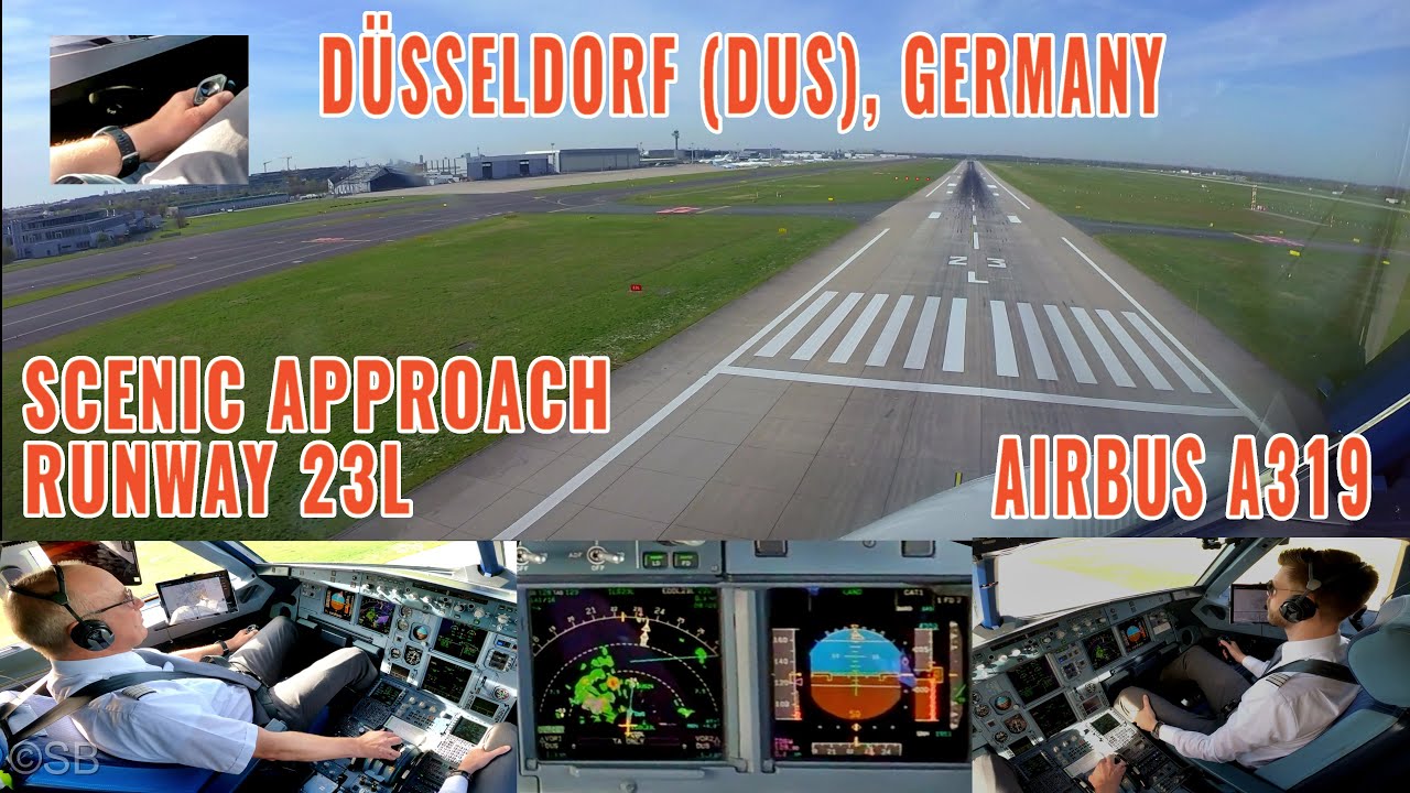 Дюссельдорф (DUS) Вид на кабину Airbus из Нидерландов вдоль реки Рейн, ВПП 23L