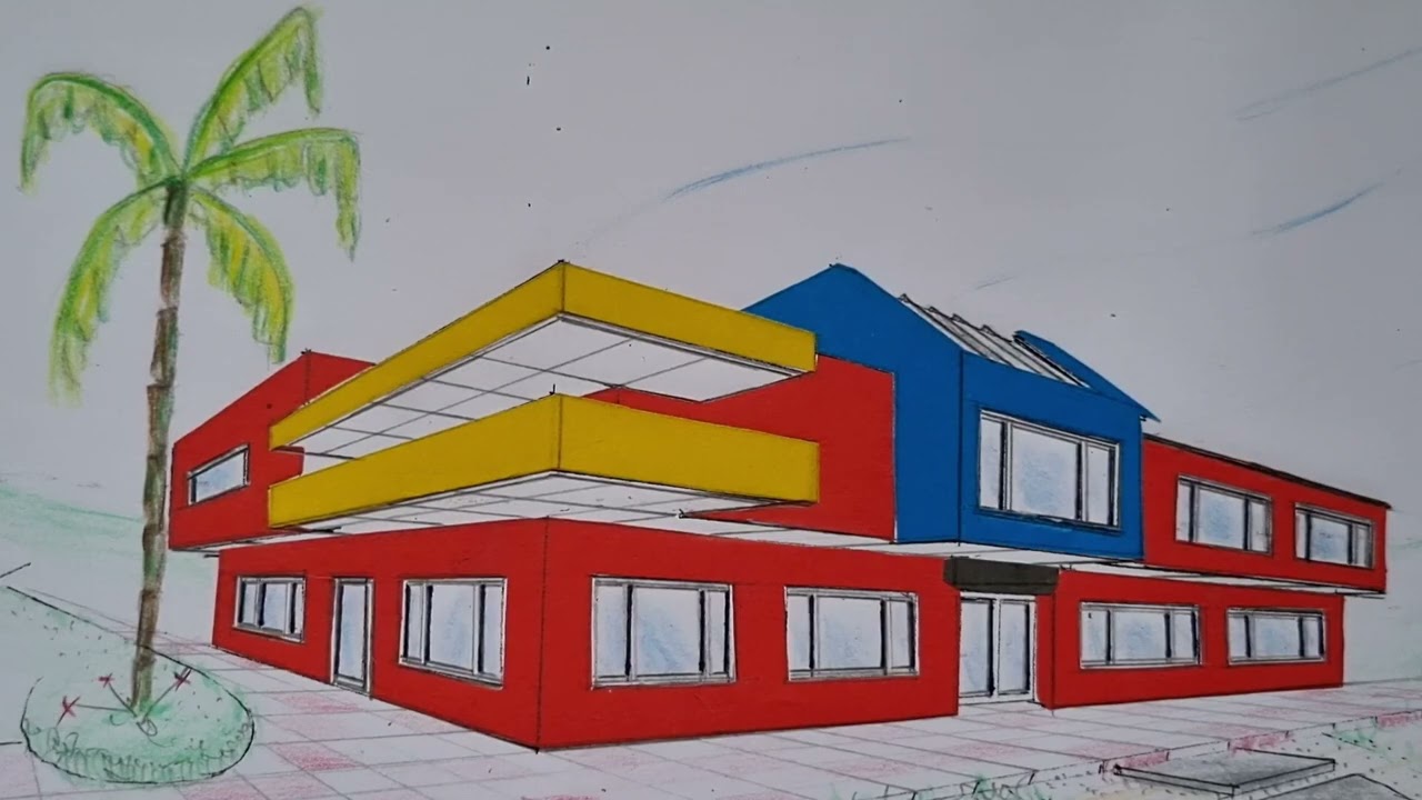 Casa de 14 x 26. Perspectiva de dos puntos de fuga. 1 de 2.