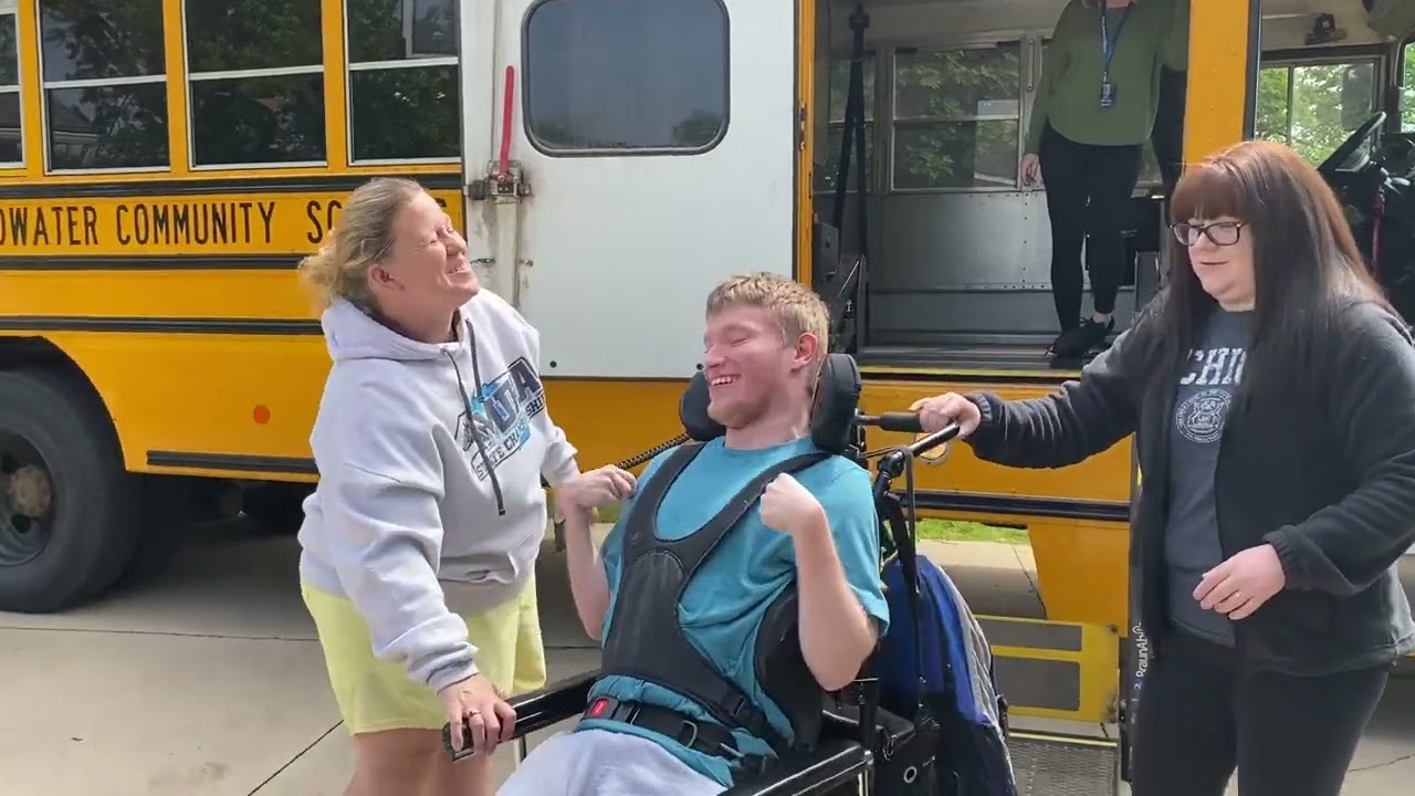 Sam getting off the school bus lift after school 5.15.24 @onthatnote