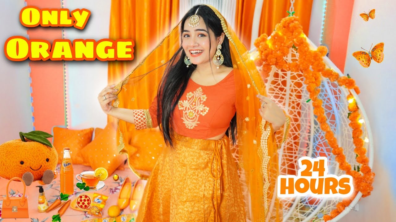 I Used Only *ORANGE* Things for 24 Hours 🧡 Night Dress Me *Propose* kiya.. But..?🔥