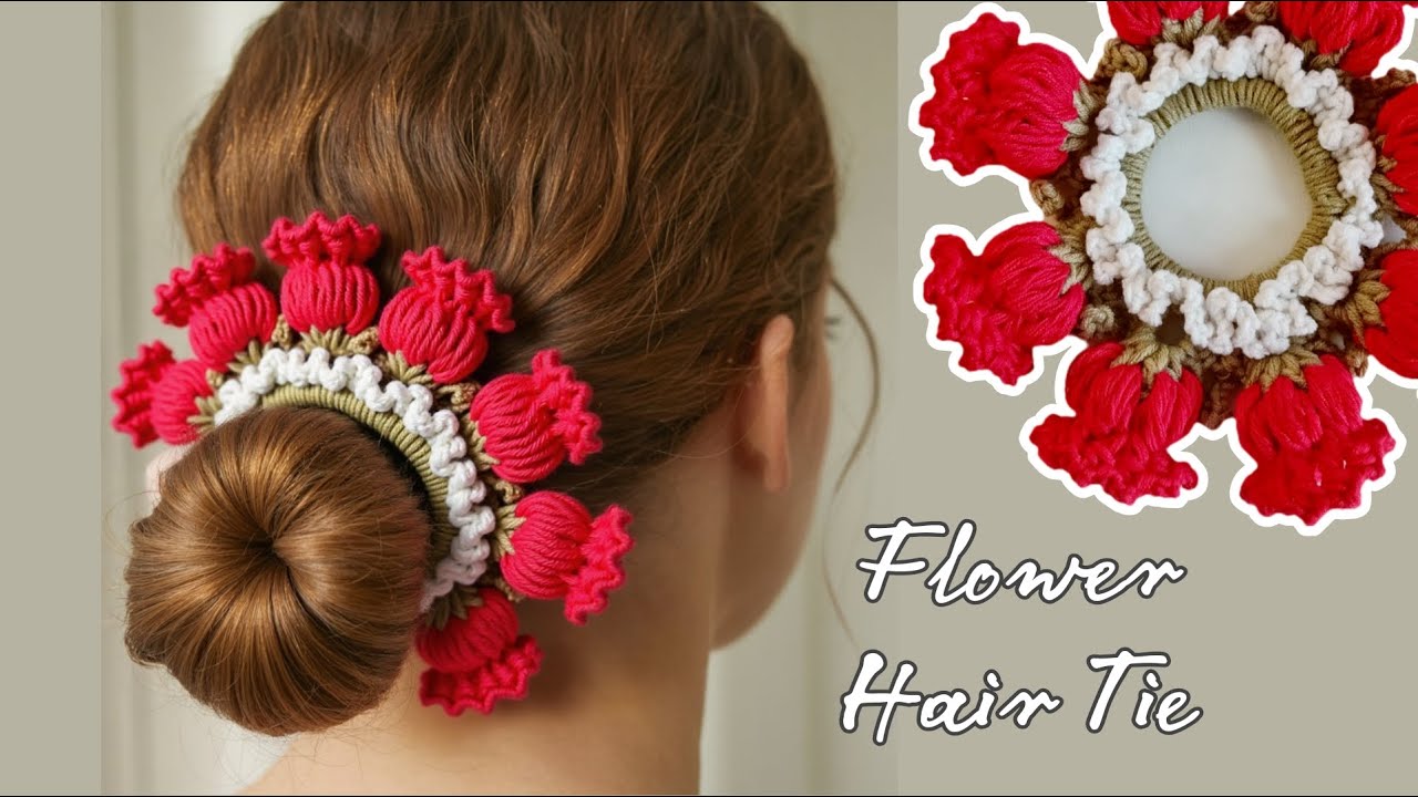 SUPER EASY Crochet Flower Hair Ties / Crochet Flower كروشية ربطة شعر زهرة التوليب مميزة وسهله جدا