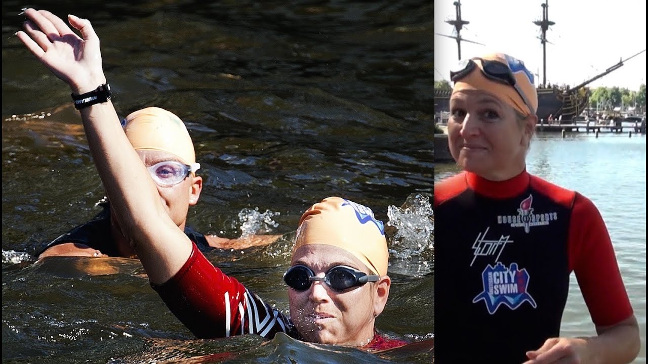 Prinses Maxima zwemt de City Swim 2012 Amsterdam.