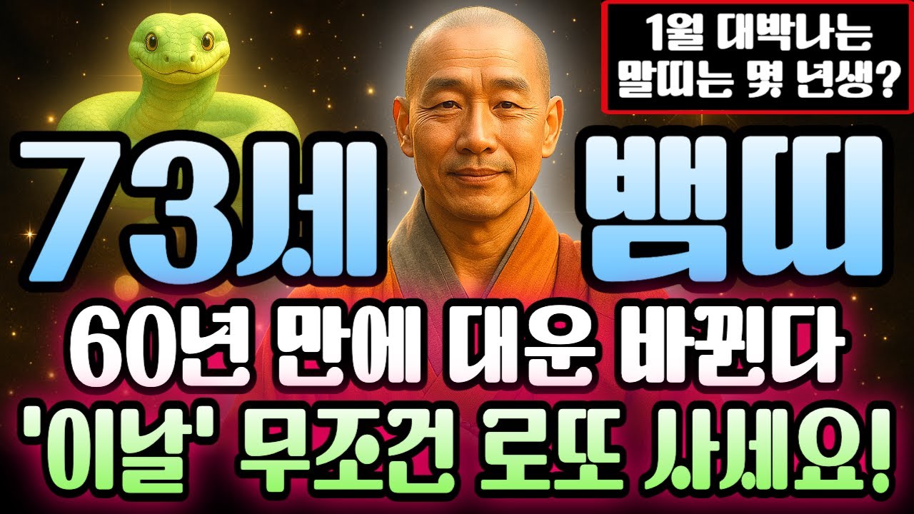 뱀띠 1953년생 2026년 병오년 1월 계사년생 73세 운세 신이 돕는다! 돈복 최고조 올라 부자 될 팔자 작동하는 한 달, 뱀띠 평생 황금기 시작점 여기서 확인하세요.