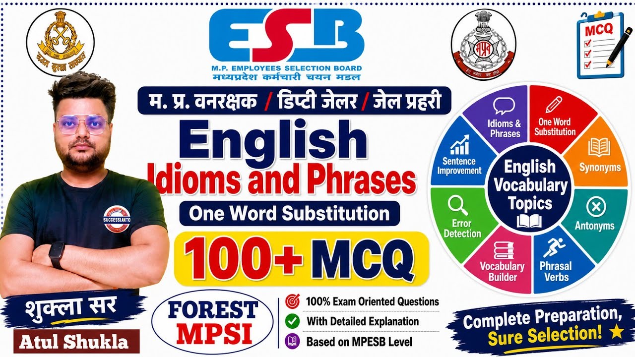 🔴English Vocab Idioms and phrases One Word Substitution Top 100|mp forest mpsi 2026 mp deputy jailor