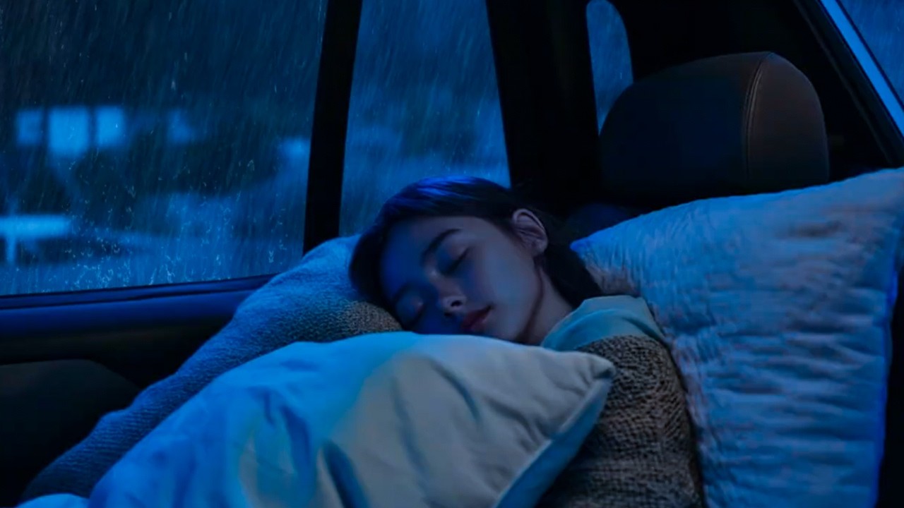 Instant Relaxation with Soft Storm Sounds on a Car in a Silent Village at Night