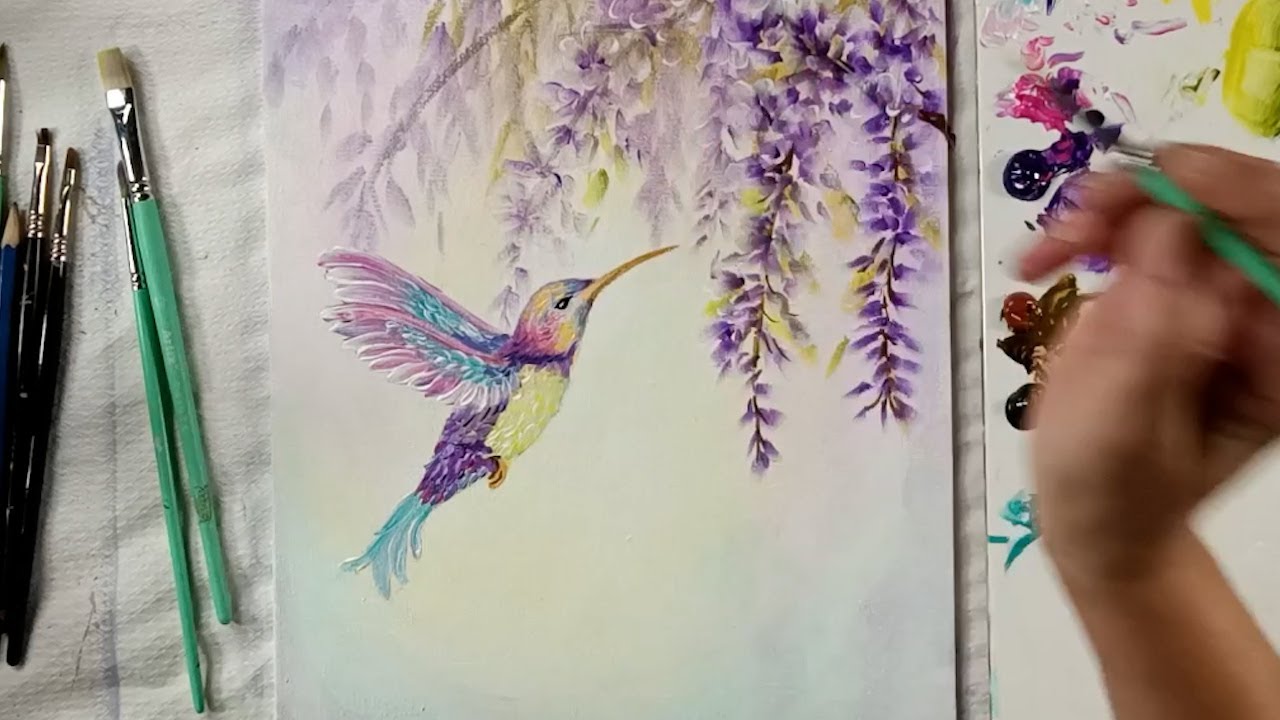 Pintura energética. Colibrí con glicinias. Abundancia