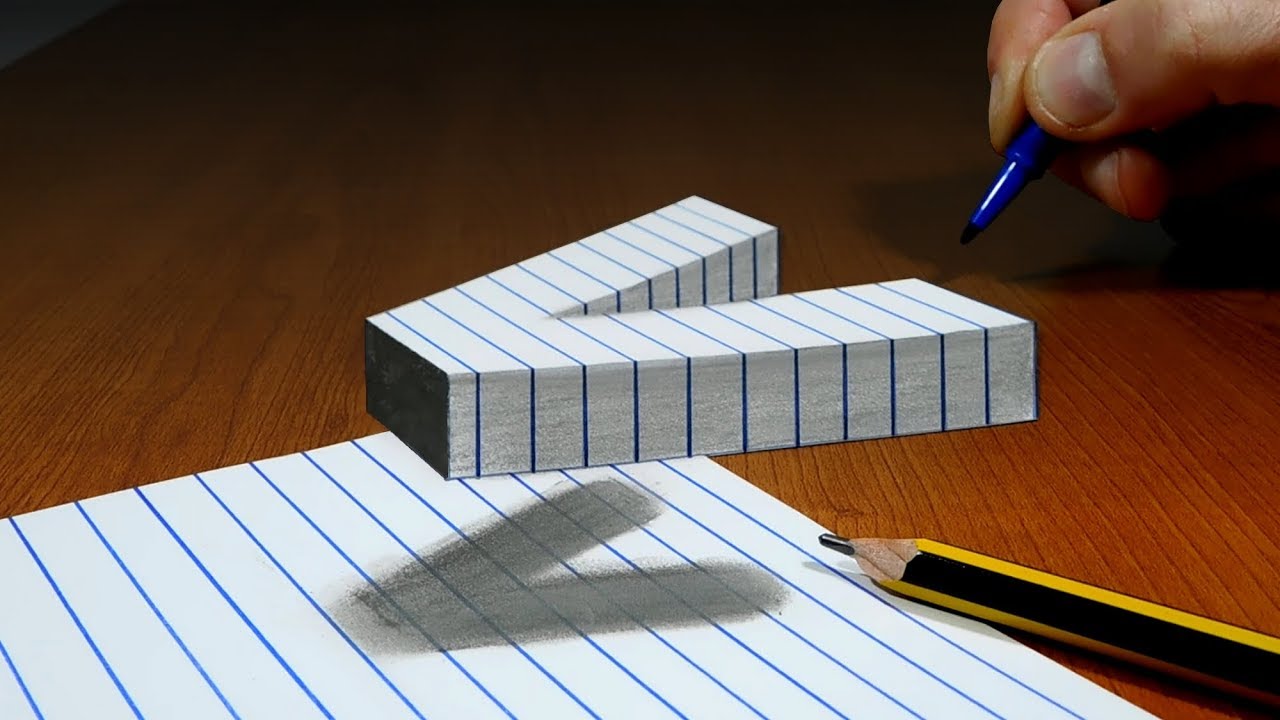 3D Trick Art On Line Paper, Floating Letter V