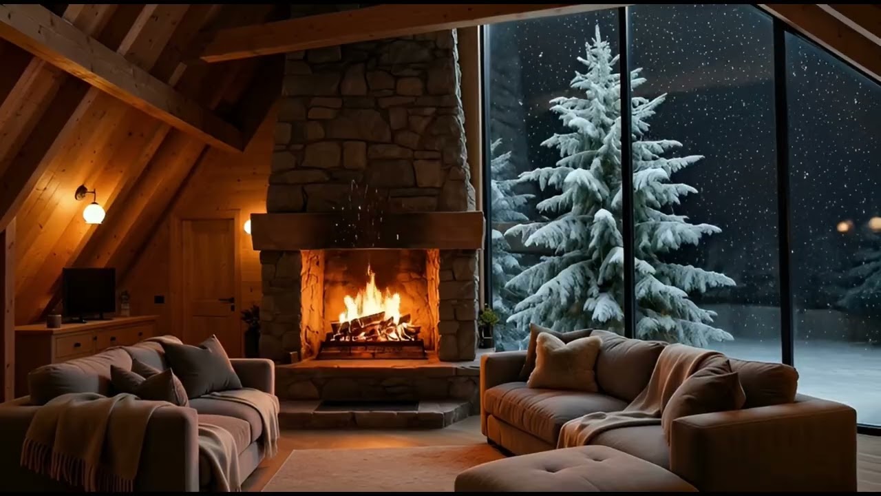 Cozy A-Frame Cabin Fireplace 🔥 Crackling Fire & Snow Storm Ambiance for Sleep, Study & Relaxation