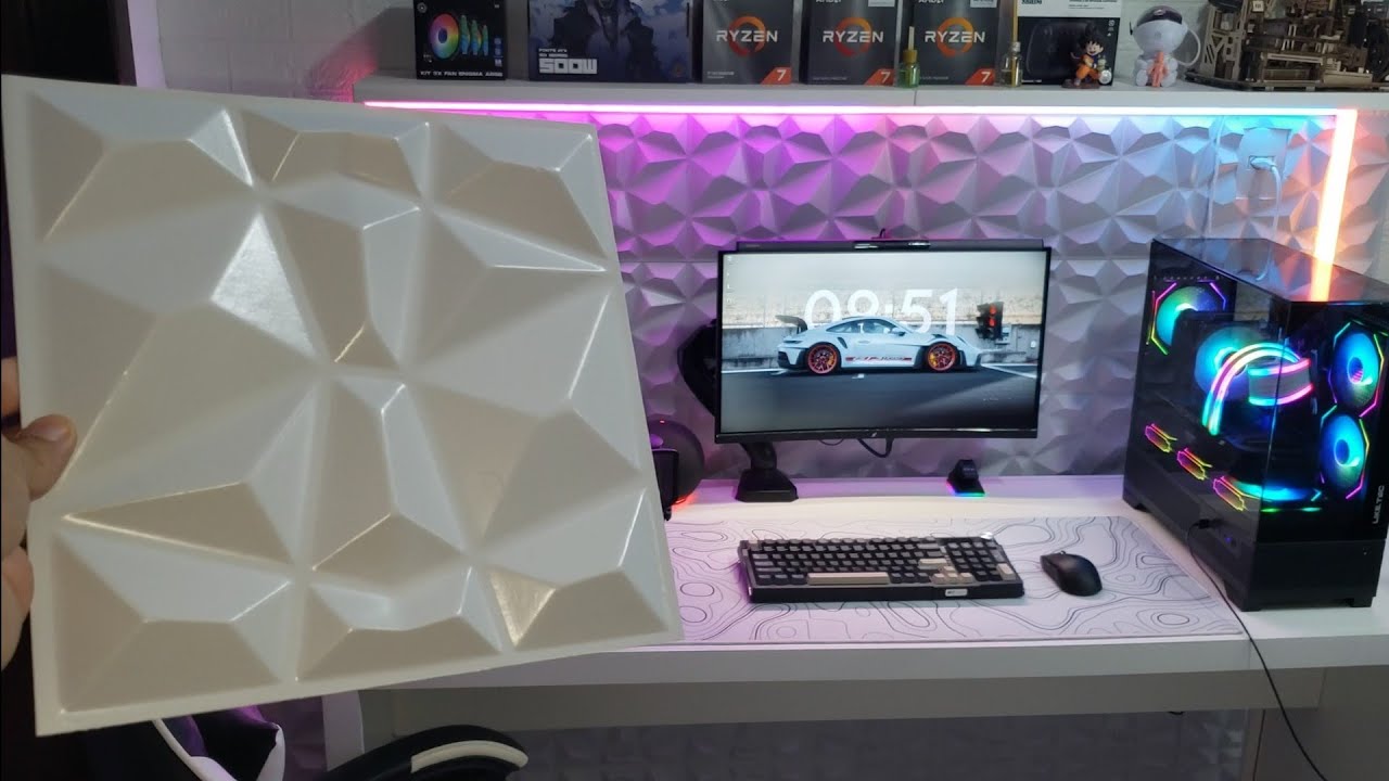 Comprei placas 3d baratinhas na shopee pra colar na parede do meu setup