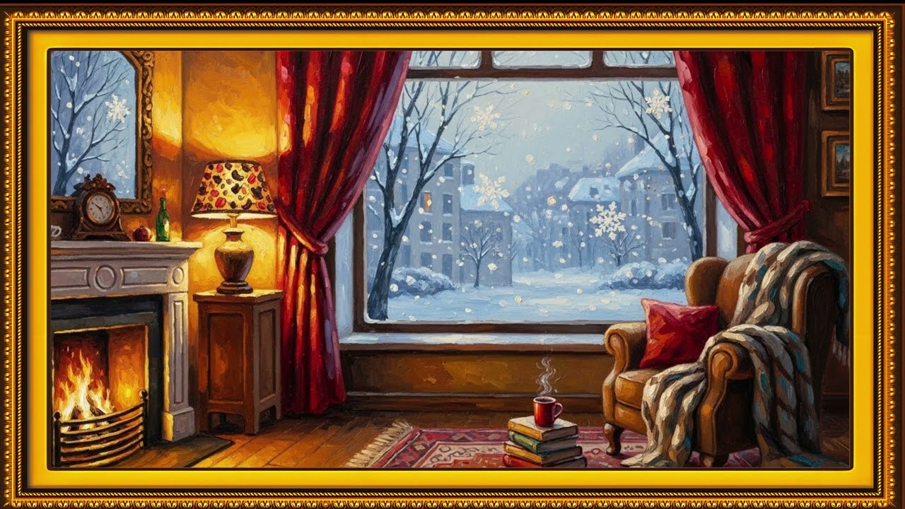 Snowy European Winter Living Room Oil Painting | Cozy Fireplace & Warm Candlelight | 1 Scene – 2 Hrs