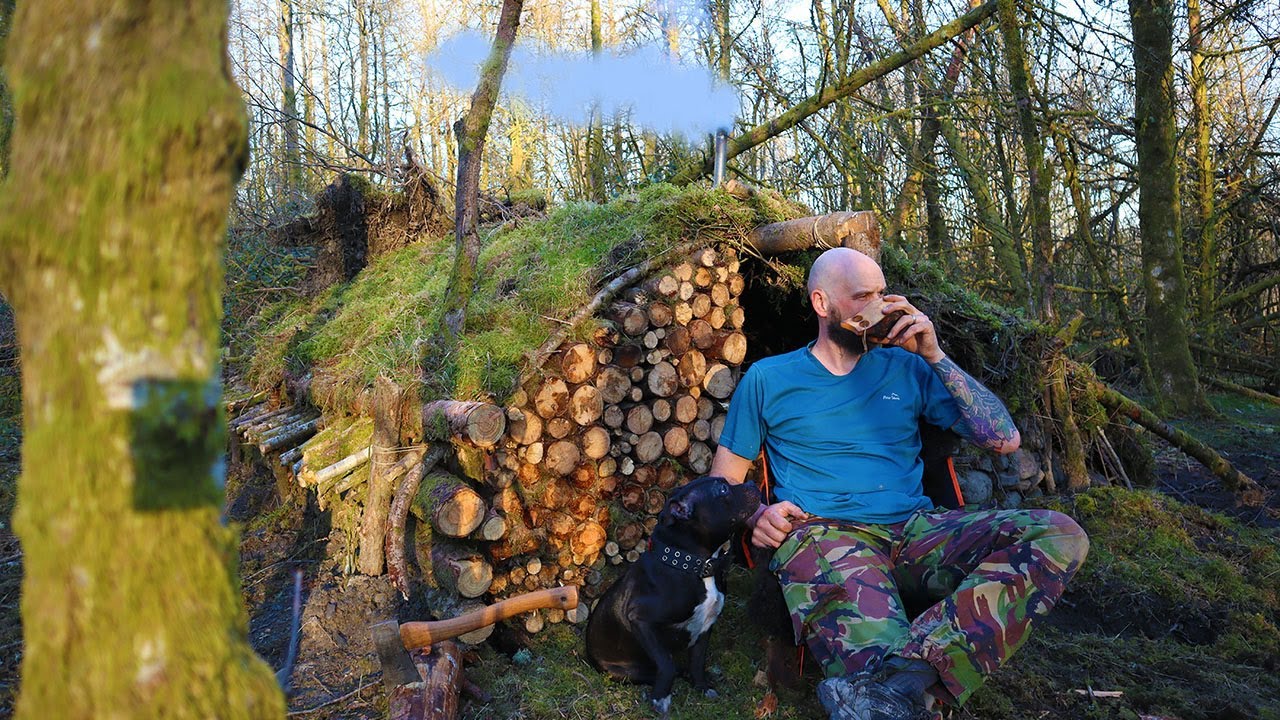 OVERNIGHTER in Bushcraft Shelter with Wood Burner - Solo & Dog