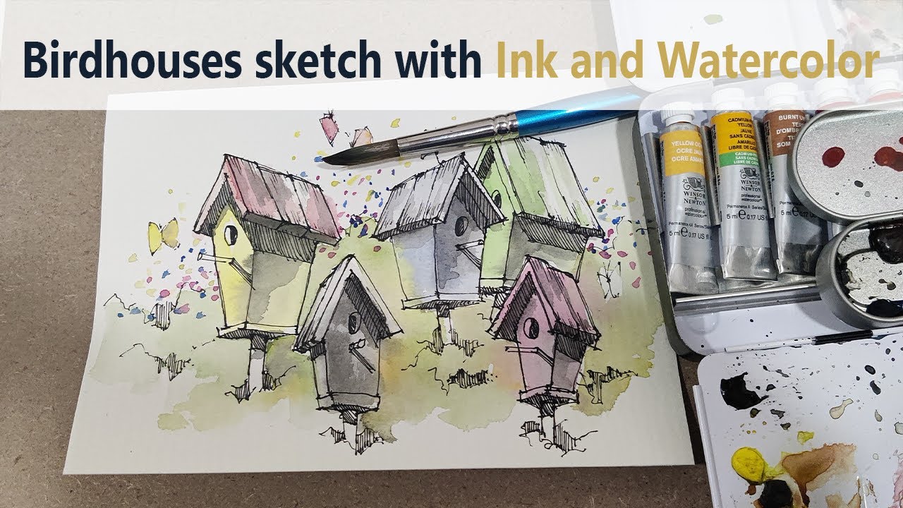 Birdhouses sketch with ink and watercolor